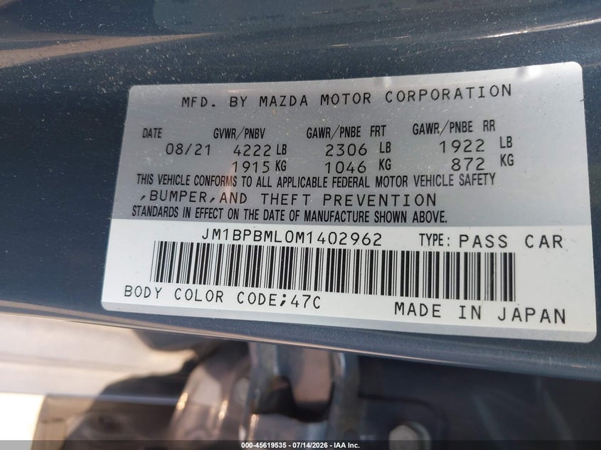 2021 Mazda 3 VIN JM1BPBML0M1402962 IAAI salvage auction — HAIL, Salvage Title, sold $7,200 on 2026-07-28 (photo 9)