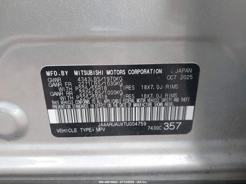 2026 Mitsubishi Outlander sport VIN JA4ARUAUXTU004759 IAAI salvage auction — FRONT END, Enterprise Vehicles Clear Only (Oklahoma), sold $4,950 on 2026-07-16 (photo 9)