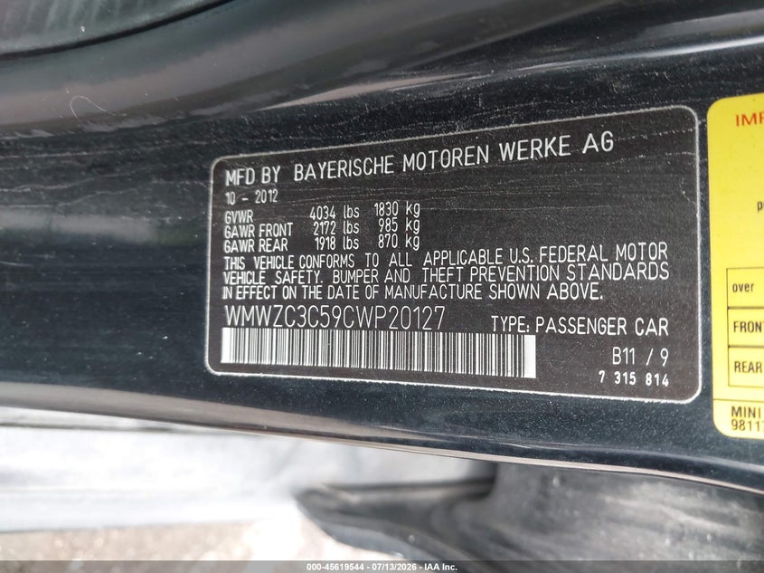 2012 Mini VIN WMWZC3C59CWP20127 IAAI salvage auction — NORMAL WEAR, Clear (Florida), sold $700 on 2026-07-29 (photo 9)