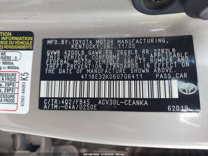 2006 Toyota Camry VIN 4T1BE32K06U706411 IAAI salvage auction — LEFT FRONT, Salvage Certificate (California), sold $1,000 on 2026-08-07 (photo 9)