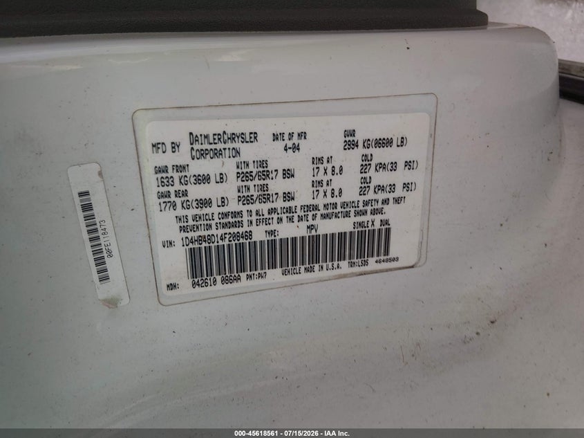 2004 Dodge Durango VIN 1D4HB48D14F208468 IAAI salvage auction — NORMAL WEAR, Original (Texas), sold $450 on 2026-08-12 (photo 9)