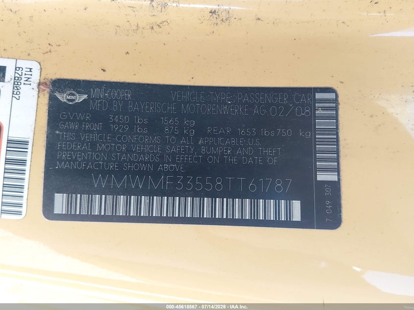2008 Mini Hardtop VIN WMWMF33558TT61787 IAAI salvage auction — FRONT END, Salvage (Texas), sold $775 on 2026-08-05 (photo 9)