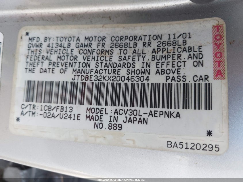 2002 Toyota Camry VIN JTDBE32KX20046304 IAAI salvage auction — NORMAL WEAR, Clear - Dealer Only (California), sold $25 on 2026-07-22 (photo 9)
