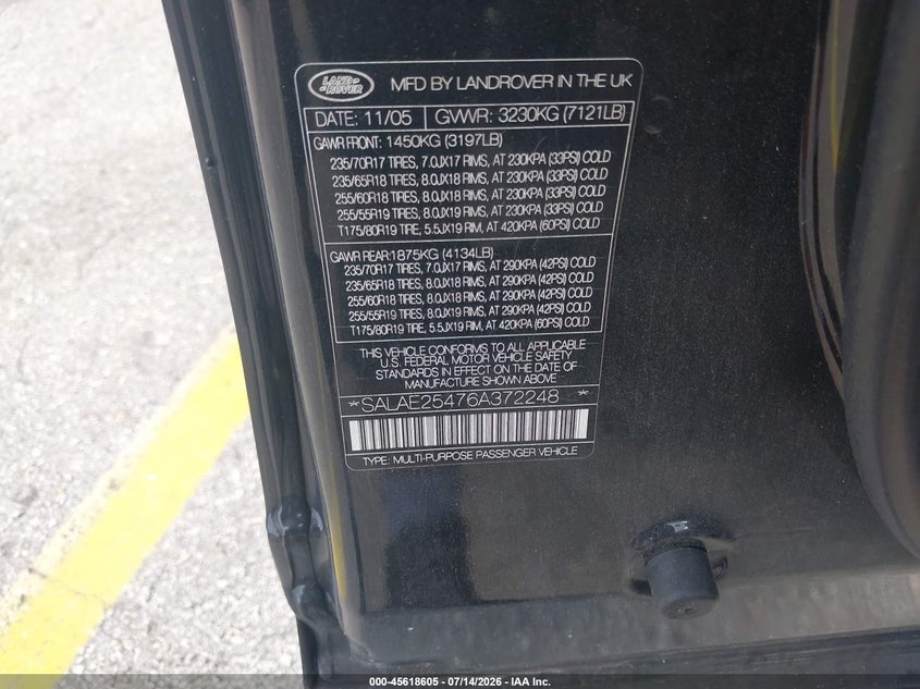 2006 Land rover Lr3 VIN SALAE25476A372248 IAAI salvage auction — NORMAL WEAR, Clear (Florida), sold $1,425 on 2026-07-30 (photo 9)