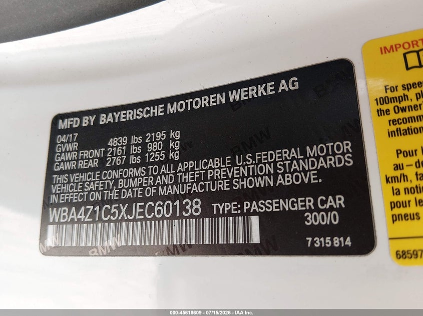 2018 BMW 4er VIN WBA4Z1C5XJEC60138 IAAI salvage auction — RIGHT FRONT, Wait Title, sold $4,750 on 2026-08-19 (photo 9)