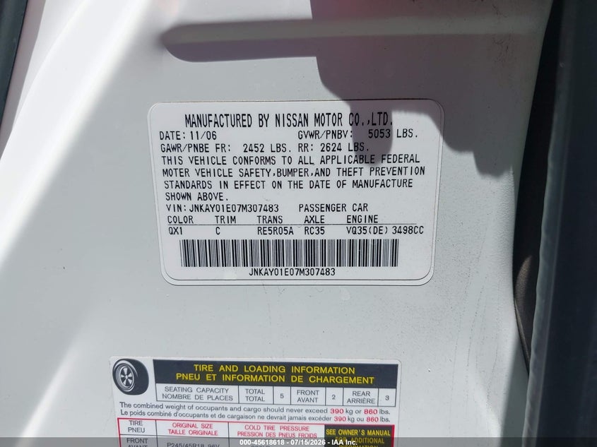 2007 Infiniti M35 VIN JNKAY01E07M307483 IAAI salvage auction — UNDERCARRIAGE, Salvage Certificate (California), sold $675 on 2026-07-22 (photo 9)