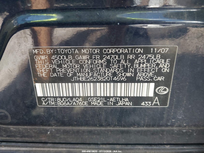 2008 Lexus Is 350 VIN JTHBE262382014696 IAAI salvage auction — NORMAL WEAR, Clear - Public Restricted (Oklahoma), sold $575 on 2026-07-28 (photo 9)