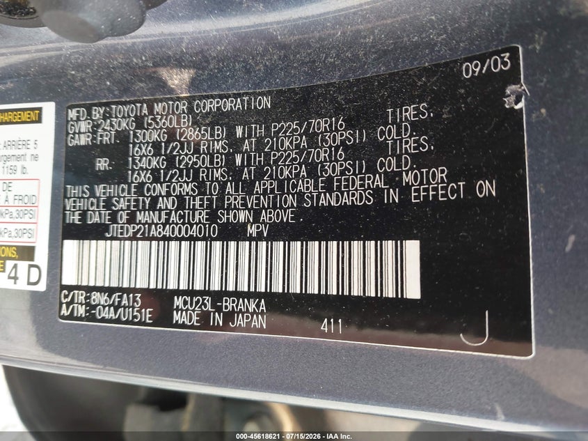 2004 Toyota Highlander VIN JTEDP21A840004010 IAAI salvage auction — NORMAL WEAR, Clear-Endorsement (Wisconsin), sold $350 on 2026-07-30 (photo 9)