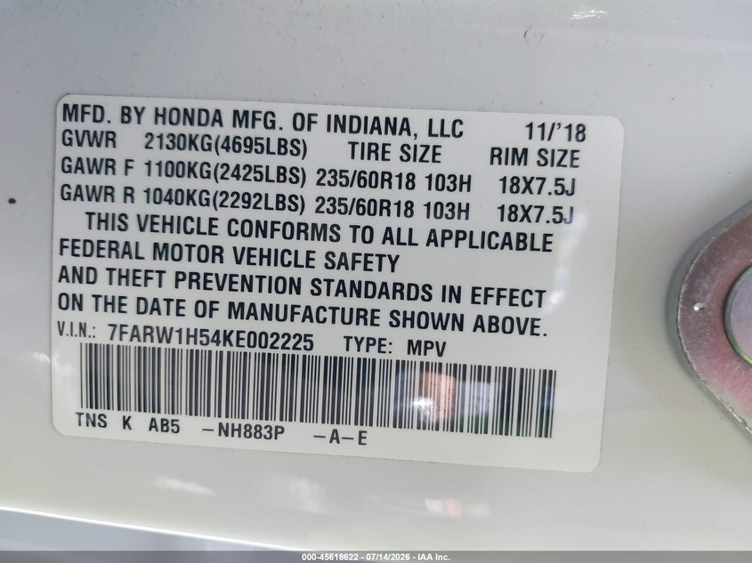 2019 Honda Cr-v VIN 7FARW1H54KE002225 IAAI salvage auction — REAR END, Salvage Certificate (California), sold $7,300 on 2026-07-18 (photo 9)