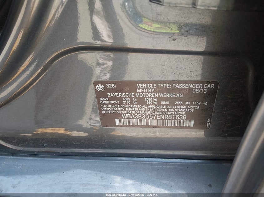 2014 BMW 3er VIN WBA3B3G57ENR81638 IAAI salvage auction — RIGHT SIDE, Salvage (New Jersey), sold $2,200 on 2026-08-17 (photo 9)