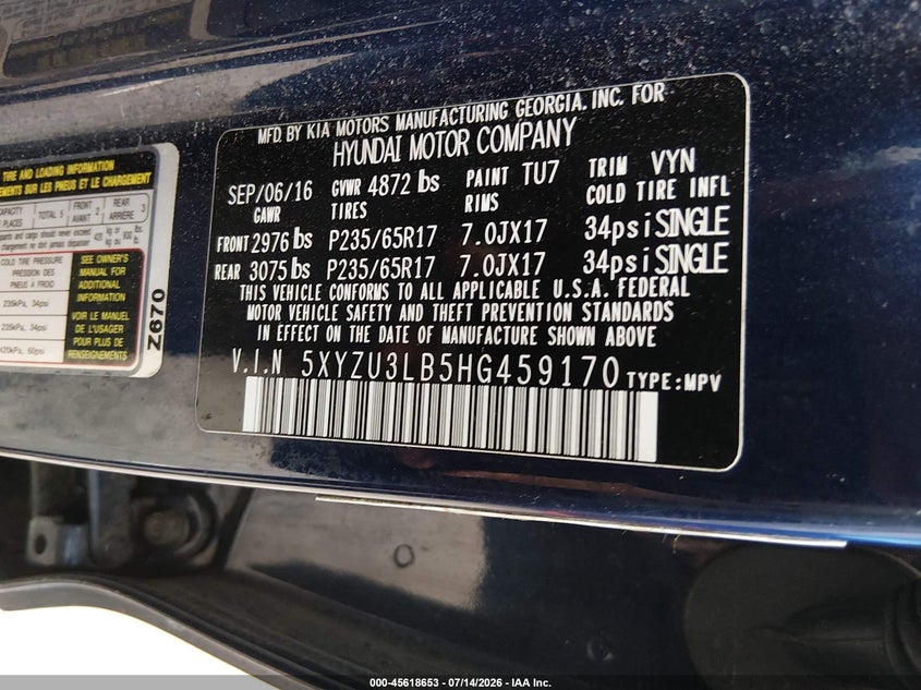 2017 Hyundai Santa fe VIN 5XYZU3LB5HG459170 IAAI salvage auction — REAR END, Salvage (Arizona), sold $3,000 on 2026-07-29 (photo 9)
