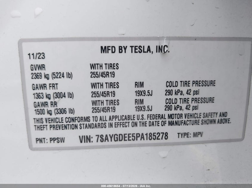 2023 Tesla Model y VIN 7SAYGDEE5PA185278 IAAI salvage auction — NORMAL WEAR, Salvage (California), sold $325 on 2026-07-30 (photo 9)