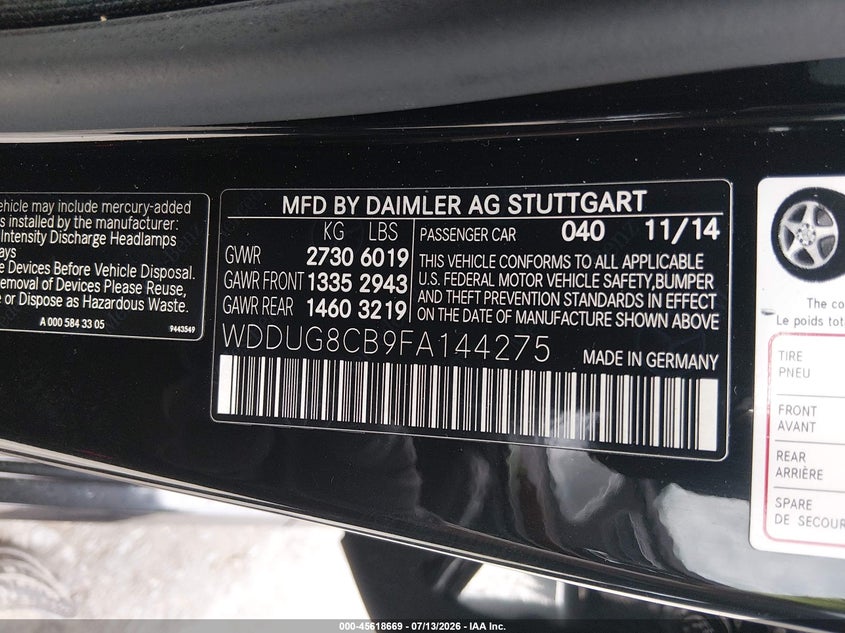 2015 Mercedes-benz S-klasse VIN WDDUG8CB9FA144275 IAAI salvage auction — SIDE, Salvage Title, sold $8,050 on 2026-08-05 (photo 9)