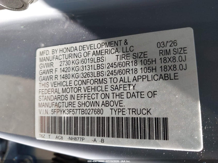 2026 Honda Ridgeline VIN 5FPYK3F57TB027680 IAAI salvage auction — LEFT SIDE, Enterprise Vehicles Clear Only (Illinois), sold $16,300 on 2026-07-29 (photo 9)