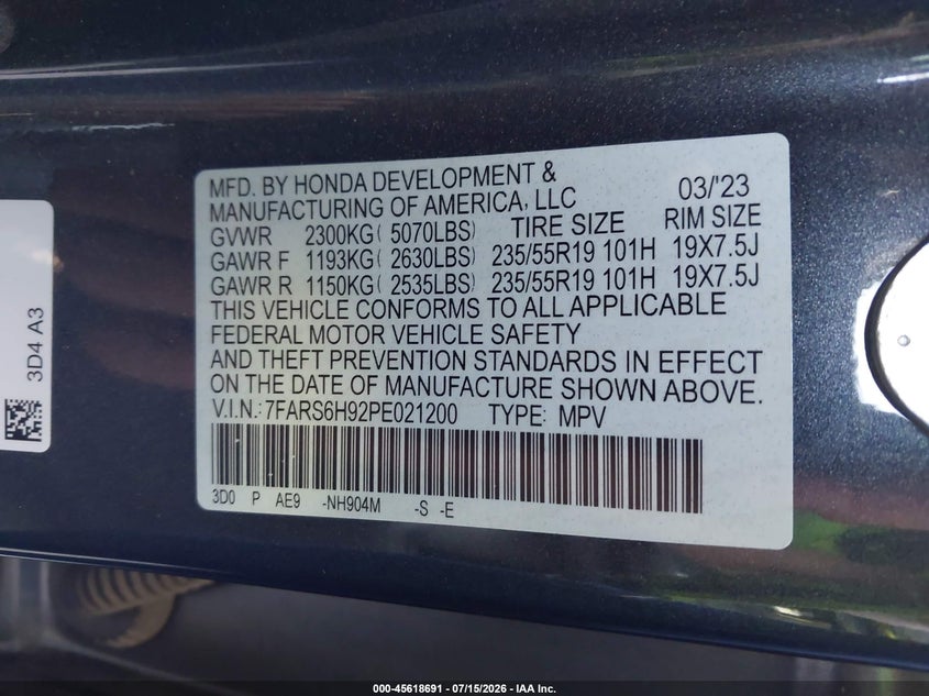 2023 Honda Cr-v VIN 7FARS6H92PE021200 IAAI salvage auction — HAIL, Certificate Of Title (Nebraska), sold $6,100 on 2026-07-30 (photo 9)