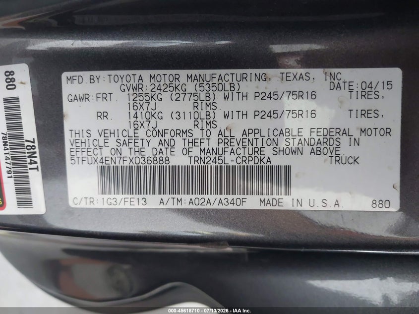 2015 Toyota Tacoma VIN 5TFUX4EN7FX036888 IAAI salvage auction — FRONT END, Rebuildable (Florida), sold $5,200 on 2026-07-26 (photo 9)