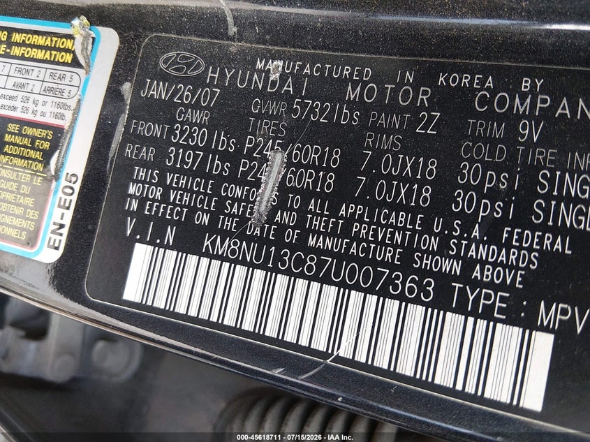 2007 Hyundai Veracruz VIN KM8NU13C87U007363 IAAI salvage auction — NORMAL WEAR, Original (Texas), sold $25 on 2026-07-27 (photo 9)