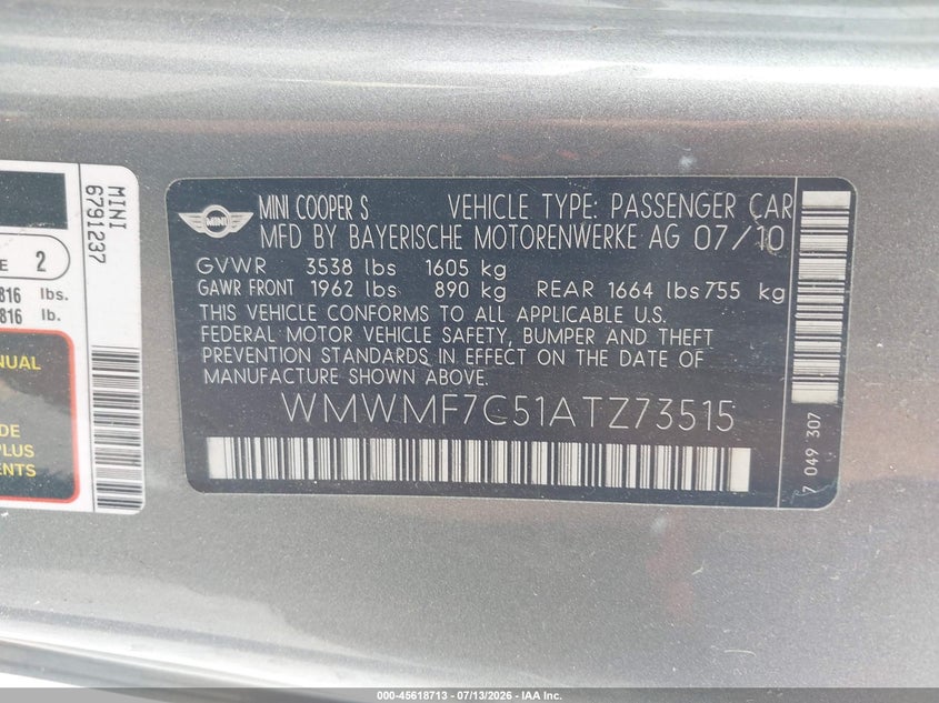 2010 Mini Cooper VIN WMWMF7C51ATZ73515 IAAI salvage auction — NORMAL WEAR, Clear - Dealer Only (California), sold $975 on 2026-07-28 (photo 9)