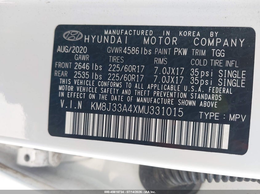 2021 Hyundai Tucson VIN KM8J33A4XMU331015 IAAI salvage auction — REAR END, Certificate Of Destruction (Florida), sold $5,100 on 2026-07-22 (photo 9)