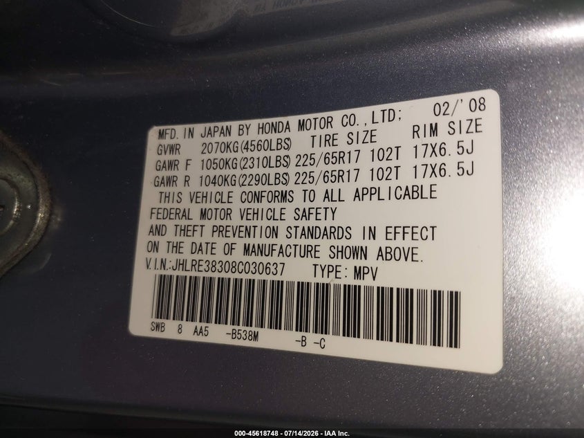 2008 Honda Cr-v VIN JHLRE38308C030637 IAAI salvage auction — NORMAL WEAR, Clear, sold $825 on 2026-07-27 (photo 9)