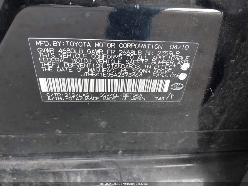 2010 Lexus Es 350 VIN JTHBK1EG5A2393464 IAAI salvage auction — NORMAL WEAR, Clear (Florida), sold $725 on 2026-07-28 (photo 9)