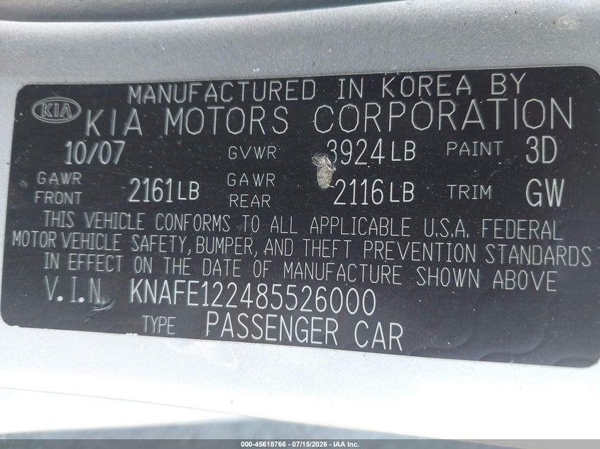 2008 Kia Spectra VIN KNAFE122485526000 IAAI salvage auction — SIDE, Salvage (California), sold $700 on 2026-07-28 (photo 9)