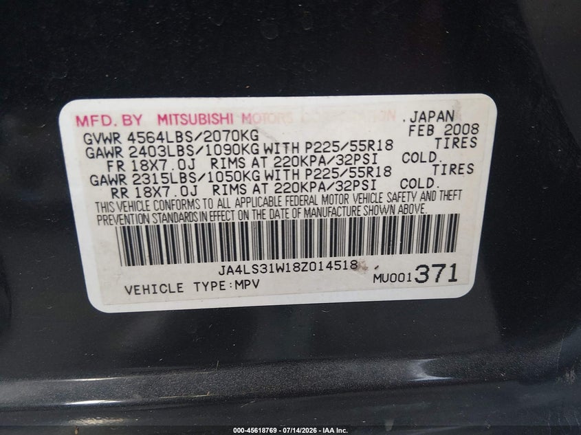 2008 Mitsubishi Outlander VIN JA4LS31W18Z014518 IAAI salvage auction — NORMAL WEAR, Original (Texas), sold $325 on 2026-07-29 (photo 9)
