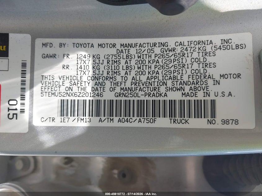 2006 Toyota Tacoma VIN 5TEMU52NX6Z201246 IAAI salvage auction — FRONT END, Salvage (Virginia), sold $3,050 on 2026-08-02 (photo 9)