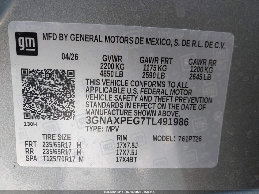 2026 Chevrolet Equinox VIN 3GNAXPEG7TL491986 IAAI salvage auction — REAR END, Enterprise Vehicles Clear Only (California), sold $14,250 on 2026-07-29 (photo 9)