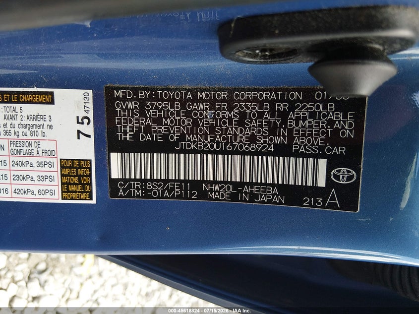 2006 Toyota Prius VIN JTDKB20U167068924 IAAI salvage auction — NORMAL WEAR, Clear (Mississippi), sold $800 on 2026-07-29 (photo 9)