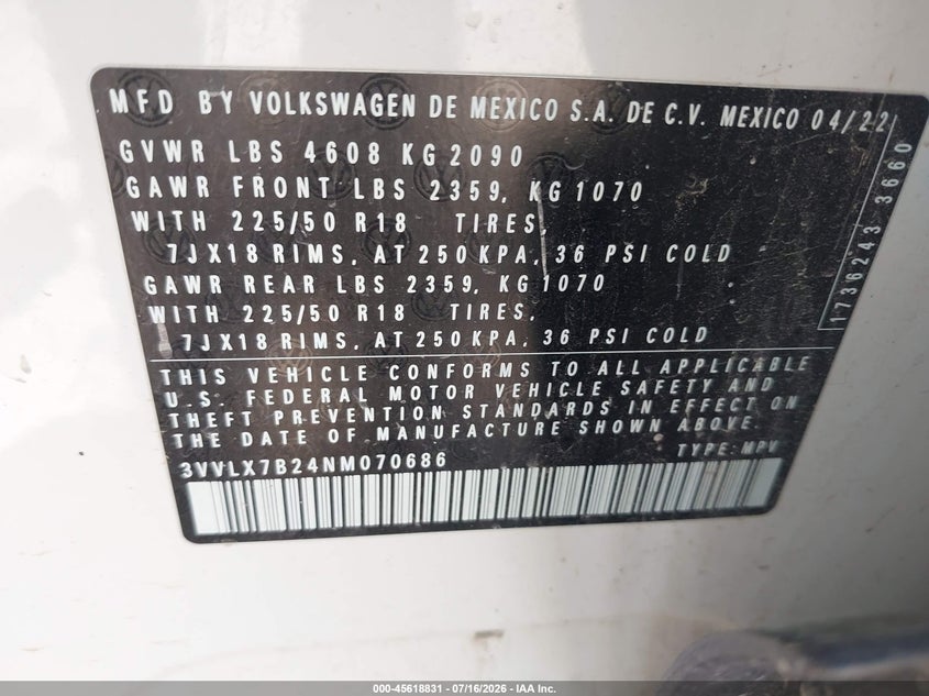 2022 Volkswagen Taos VIN 3VVLX7B24NM070686 IAAI salvage auction — FRONT END, Salvage Title, sold $6,000 on 2026-08-02 (photo 9)