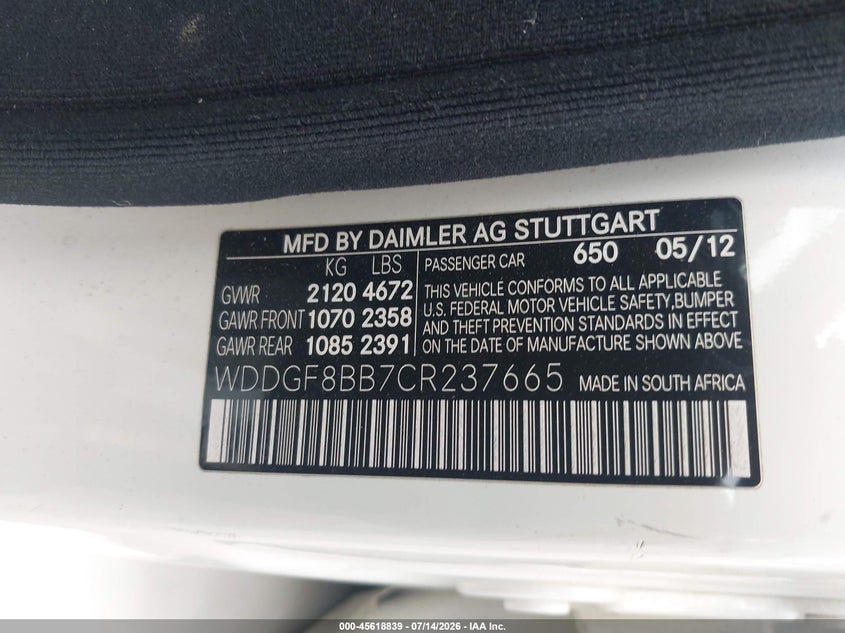 2012 Mercedes-benz C-klasse VIN WDDGF8BB7CR237665 IAAI salvage auction — FRONT END, Salvage Title, sold $1,300 on 2026-08-18 (photo 9)