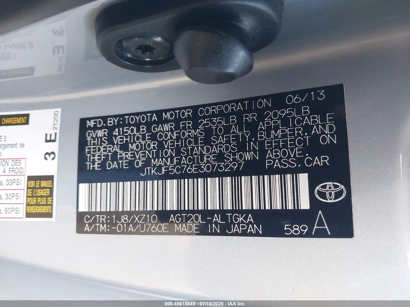 2014 Scion Tc VIN JTKJF5C76E3073297 IAAI salvage auction — SIDE, Salvage Certificate (California), sold $2,700 on 2026-07-19 (photo 9)