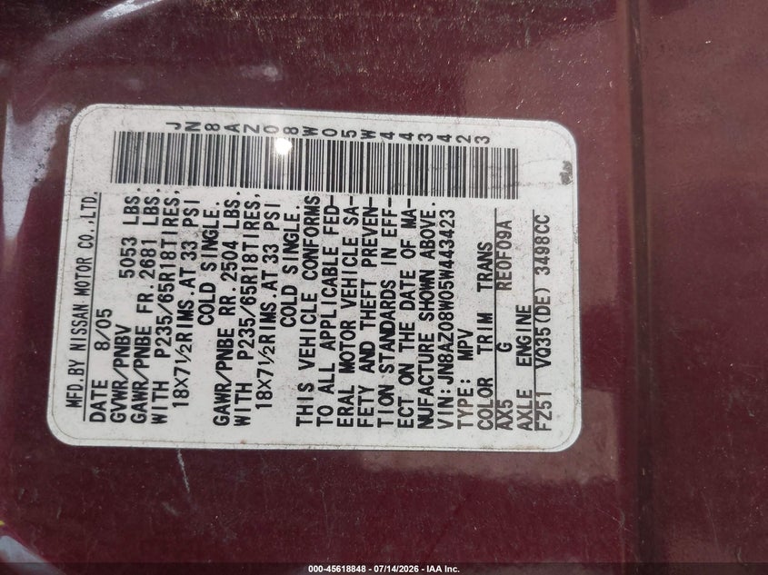 2005 Nissan Murano VIN JN8AZ08W05W443423 IAAI salvage auction — NORMAL WEAR, Clear (New Jersey), sold $25 on 2026-07-22 (photo 9)