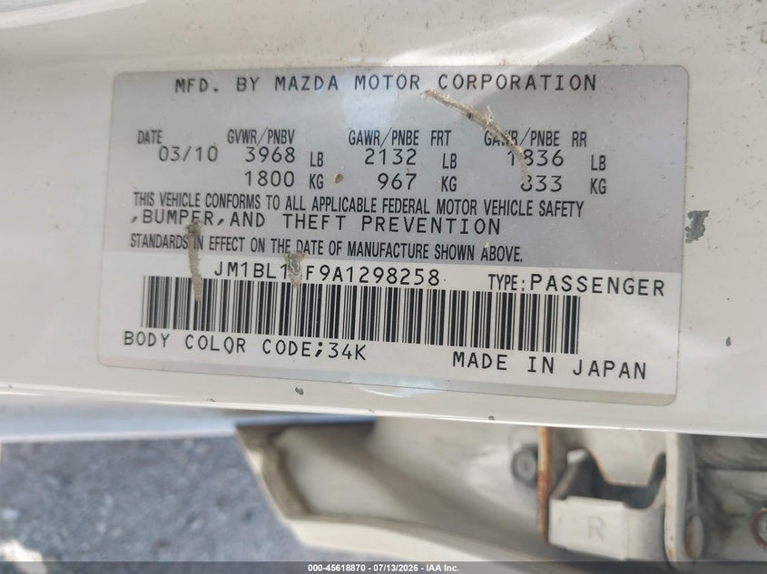 2010 Mazda 3 VIN JM1BL1SF9A1298258 IAAI salvage auction — NORMAL WEAR, Clear (Indiana), sold $300 on 2026-07-29 (photo 9)
