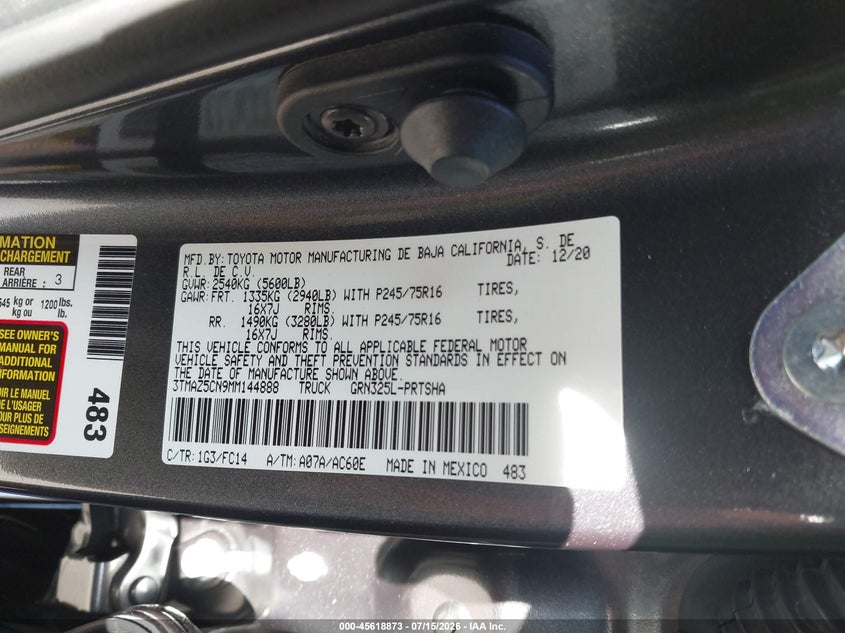 2021 Toyota Tacoma VIN 3TMAZ5CN9MM144888 IAAI salvage auction — FRONT END, Wait Title, sold $16,000 on 2026-07-31 (photo 9)