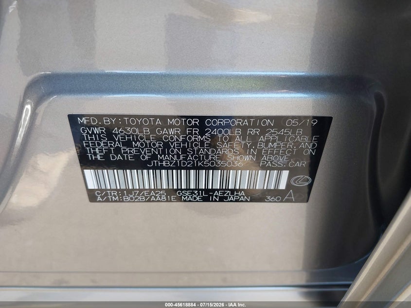 2019 Lexus Is VIN JTHBZ1D21K5035036 IAAI salvage auction — RIGHT SIDE, Salvage Certificate (California), sold $6,900 on 2026-07-24 (photo 9)