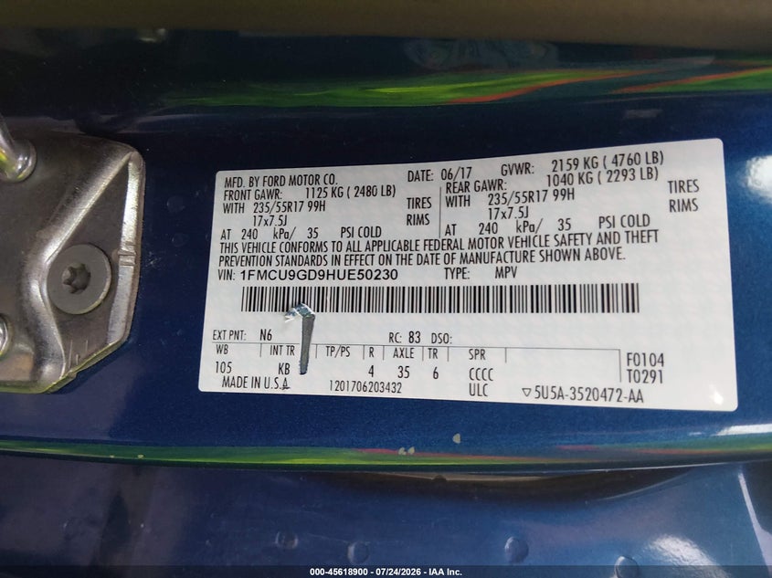 2017 Ford Escape VIN 1FMCU9GD9HUE50230 IAAI salvage auction — SIDE, SF97 (California), sold $8,100 on 2026-08-25 (photo 9)