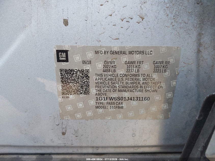 2018 Chevrolet Bolt euv VIN 1G1FW6S01J4131160 IAAI salvage auction — REAR END, Salvage (California), sold $5,200 on 2026-07-26 (photo 9)