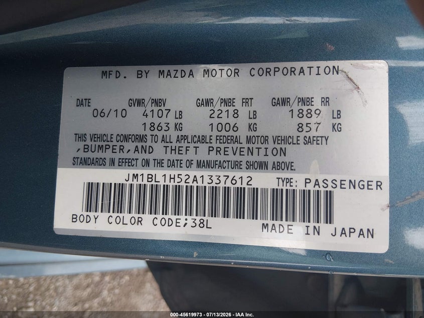 2010 Mazda 3 VIN JM1BL1H52A1337612 IAAI salvage auction — NORMAL WEAR, Clear (Tennessee), sold $25 on 2026-07-29 (photo 9)