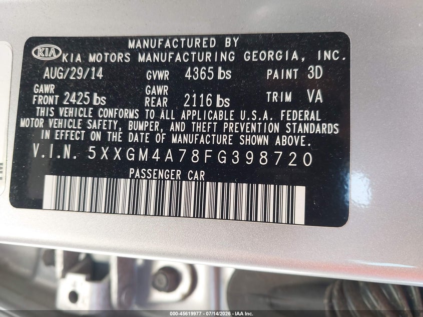 2015 Kia Optima VIN 5XXGM4A78FG398720 IAAI salvage auction — NORMAL WEAR, Clear (Missouri), sold $125 on 2026-07-21 (photo 9)