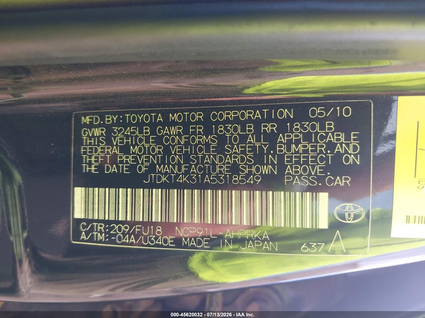 2010 Toyota Yaris VIN JTDKT4K31A5318549 IAAI salvage auction — NORMAL WEAR, Clear (Hawaii), sold $325 on 2026-07-28 (photo 9)
