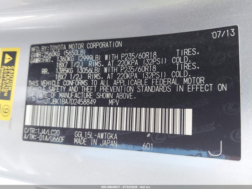2013 Lexus Rx 350 VIN JTJBK1BA7D2458849 IAAI salvage auction — NORMAL WEAR, Clear (Pennsylvania), sold $2,550 on 2026-07-31 (photo 9)