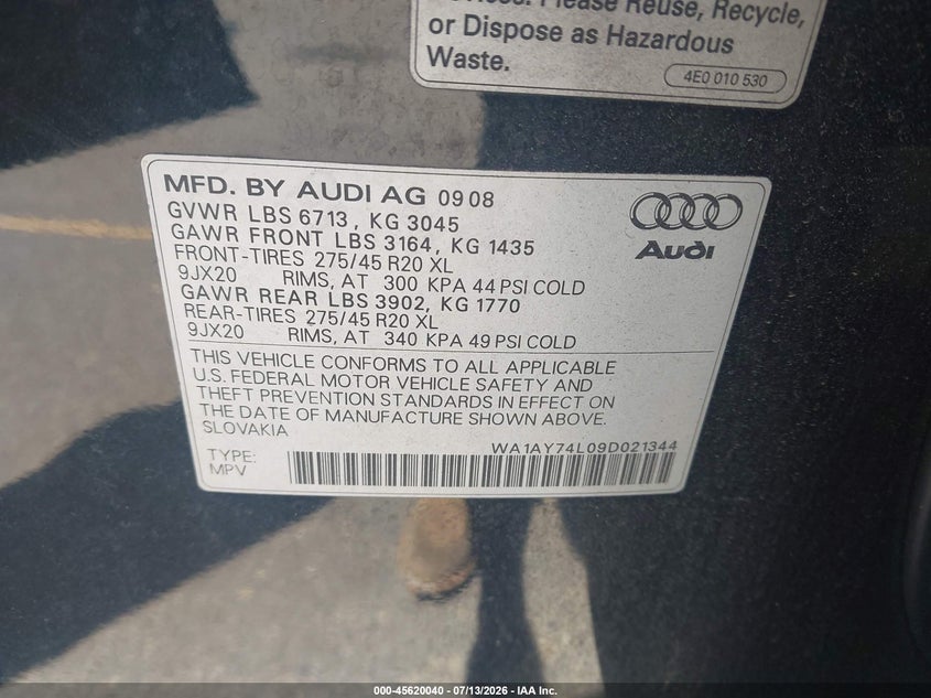 2009 Audi Q7 VIN WA1AY74L09D021344 IAAI salvage auction — NORMAL WEAR, Clear - Public Restricted (Oregon), sold $150 on 2026-07-23 (photo 9)