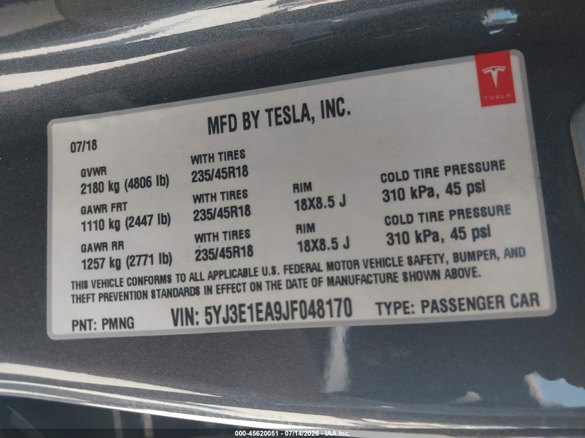 2018 Tesla Model 3 VIN 5YJ3E1EA9JF048170 IAAI salvage auction — REAR END, Salvage (California), sold $6,700 on 2026-07-30 (photo 9)