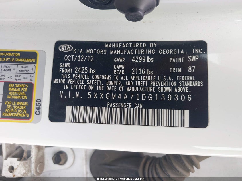 2013 Kia Optima VIN 5XXGM4A71DG139306 IAAI salvage auction — NORMAL WEAR, Clear - Dealer Only (California), sold $550 on 2026-07-28 (photo 9)