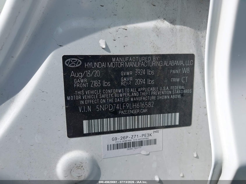 2020 Hyundai Elantra VIN 5NPD74LF9LH616582 IAAI salvage auction — NORMAL WEAR, Sf97 (Hawaii), sold $7,200 on 2026-07-28 (photo 9)