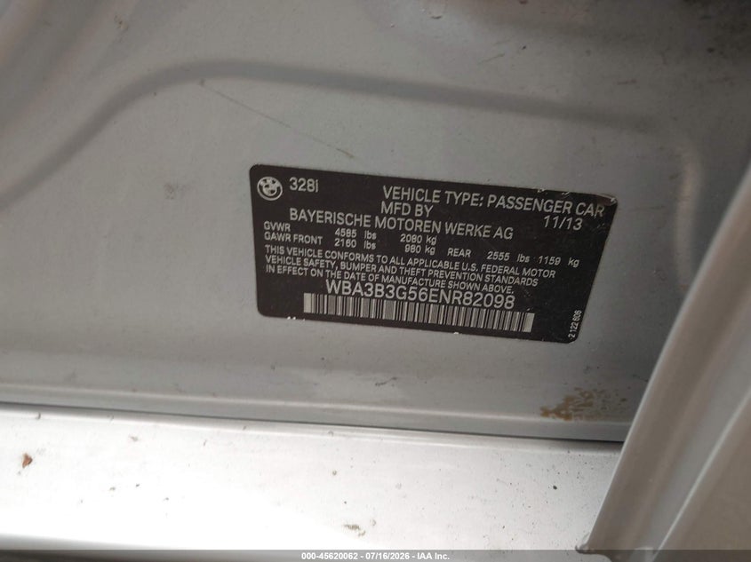 2014 BMW 3er VIN WBA3B3G56ENR82098 IAAI salvage auction — LEFT FRONT, Mv-907A (New York), sold $950 on 2026-08-04 (photo 9)