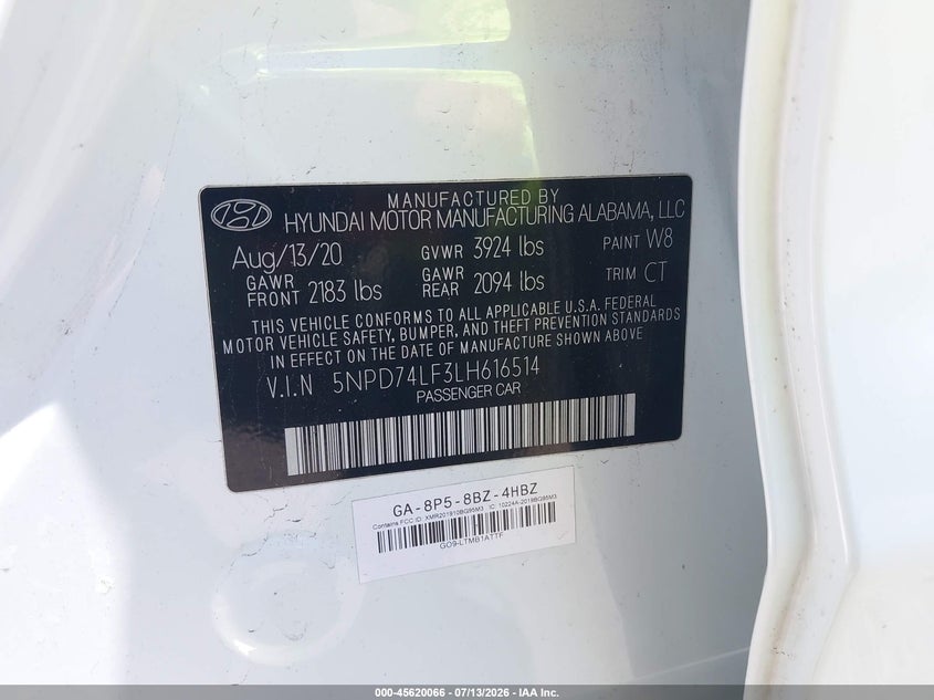2020 Hyundai Elantra VIN 5NPD74LF3LH616514 IAAI salvage auction — NORMAL WEAR, Sf97 (Hawaii), sold $7,200 on 2026-07-28 (photo 9)