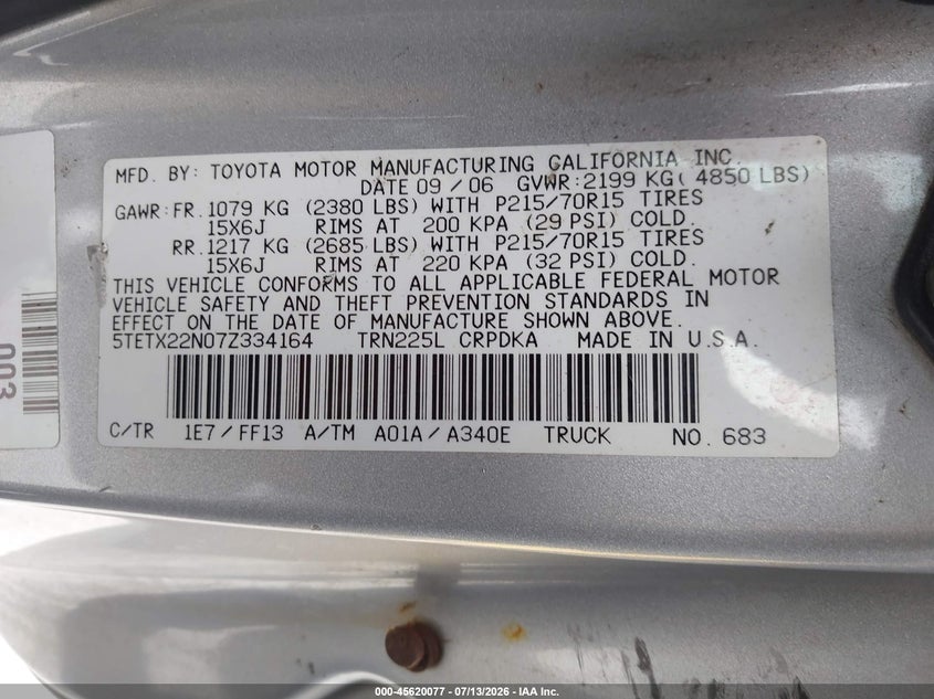 2007 Toyota Tacoma VIN 5TETX22N07Z334164 IAAI salvage auction — NORMAL WEAR, Clear - Dealer Only (California), sold $2,850 on 2026-07-23 (photo 9)